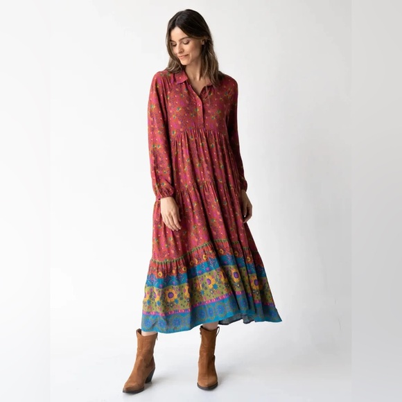 NATURAL LIFE Dresses & Skirts - Natural Life Rebecca Maxi Dress Pockets Red Clay Long Sleeve Tiered Bohemian L